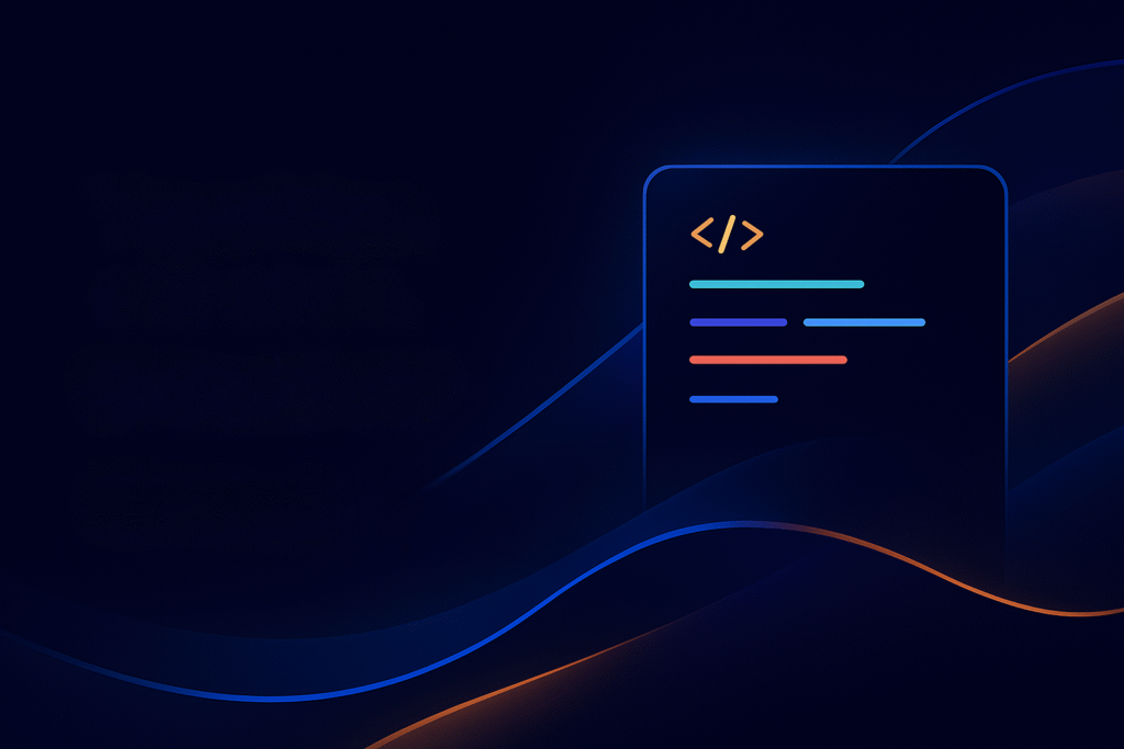 Fondo oscuro con lineas de colores y una imagen de una pagina que simula código